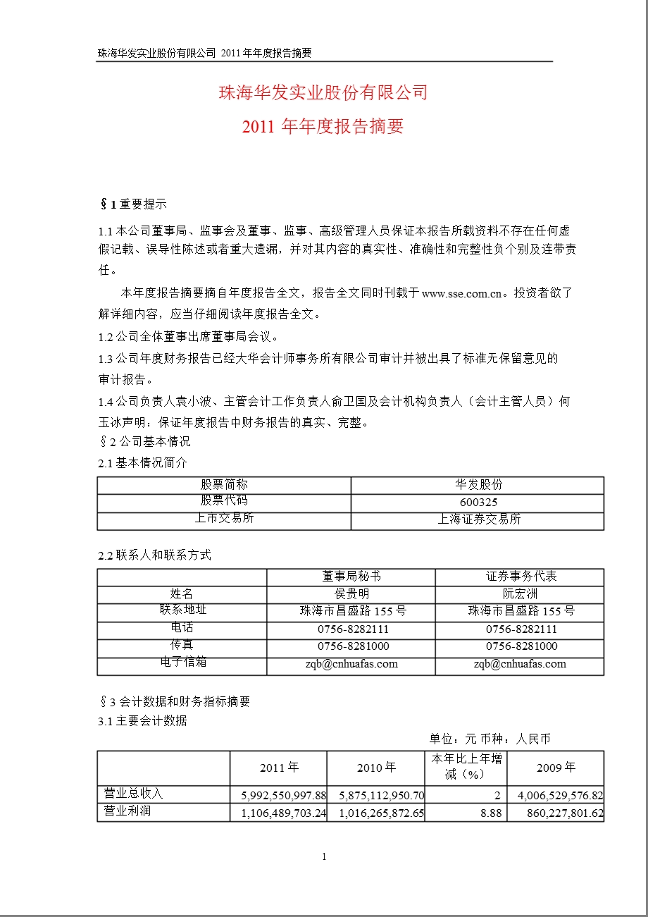 600325_2011华发股份年报摘要.ppt_第1页