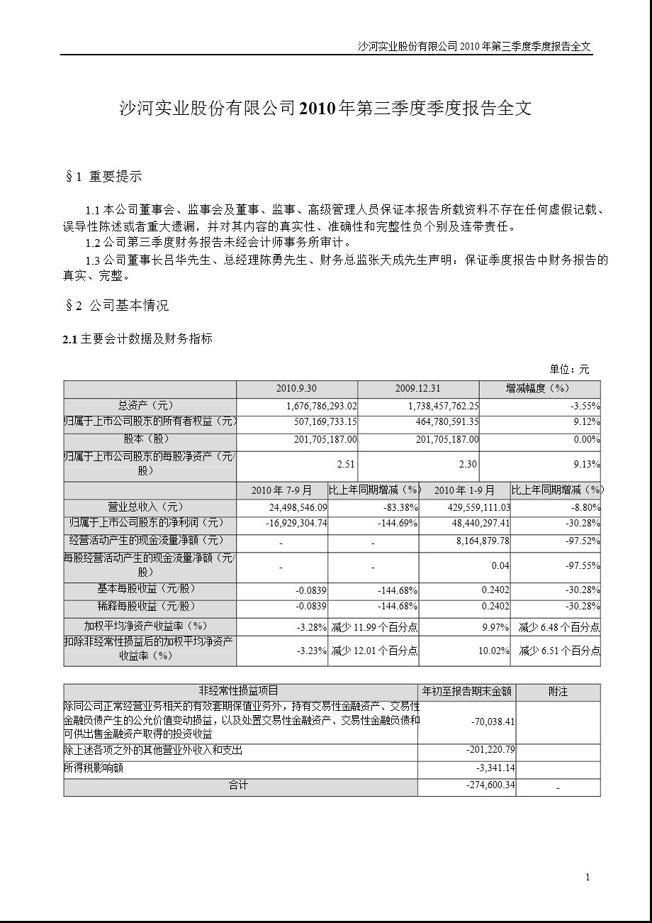 沙河股份：2010年第三季度报告全文.ppt_第1页