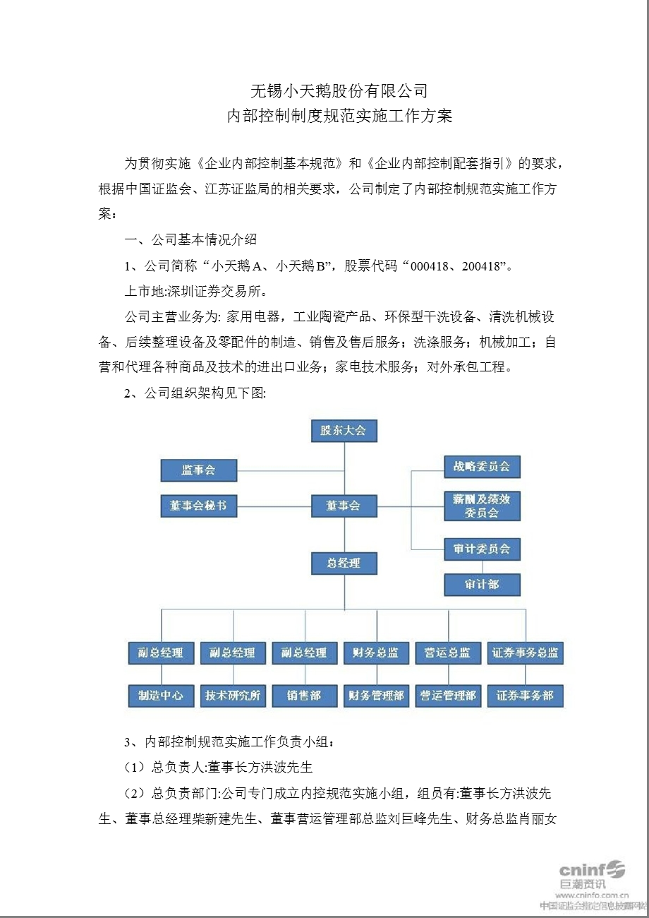 小天鹅Ａ：内部控制制度规范实施工作方案.ppt_第1页