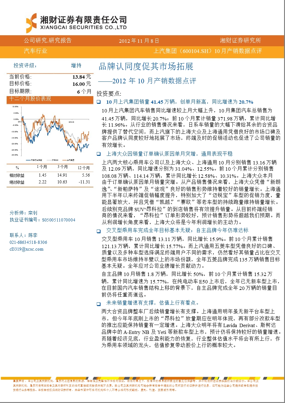 上汽集团(600104)10月产销数据点评：品牌认同度促其市场拓展-2012-11-09.ppt_第1页