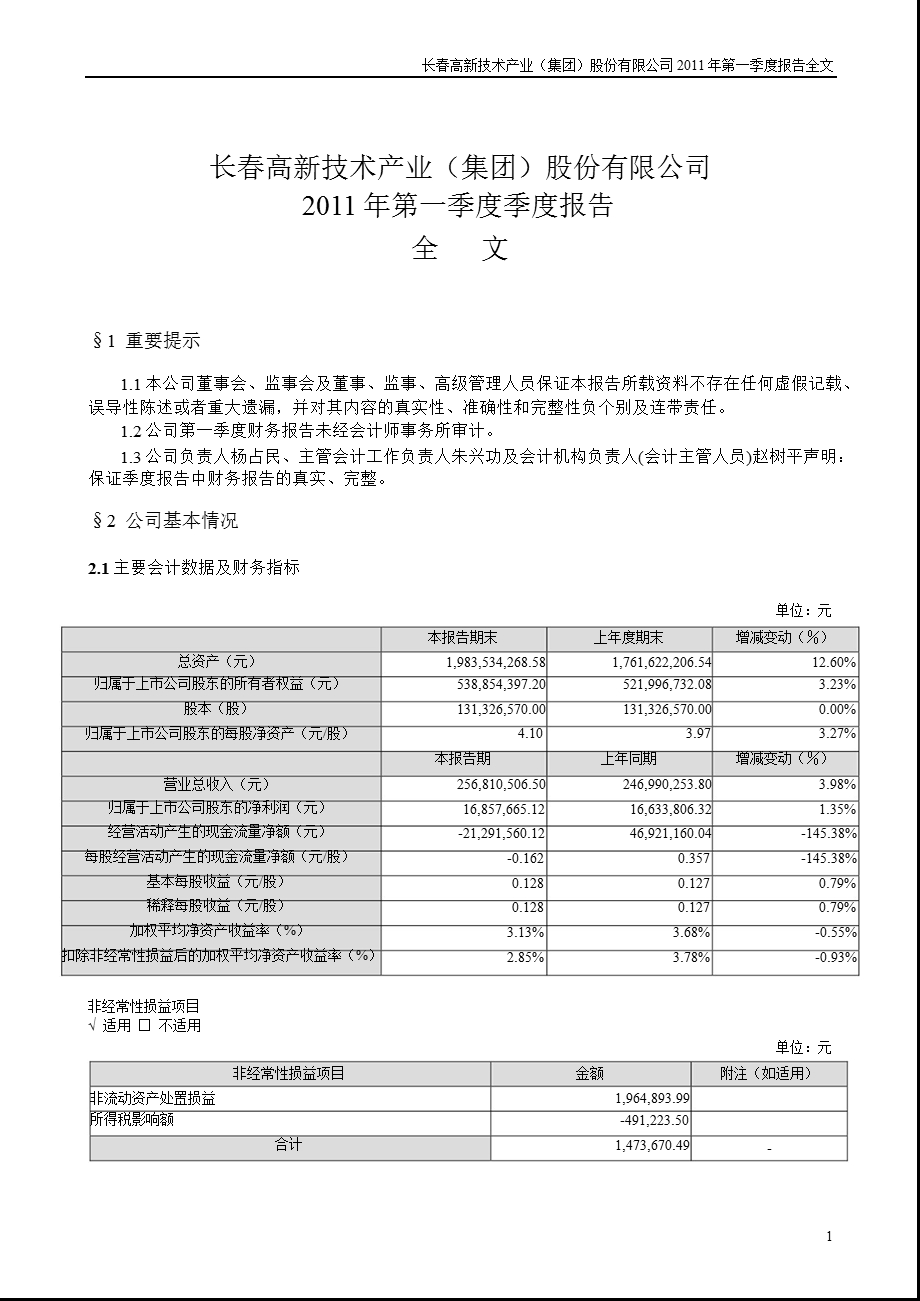 长春高新：2011年第一季度报告全文.ppt_第1页