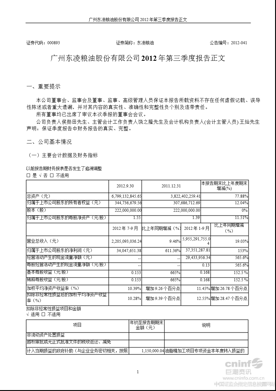 东凌粮油：2012年第三季度报告正文.ppt_第1页