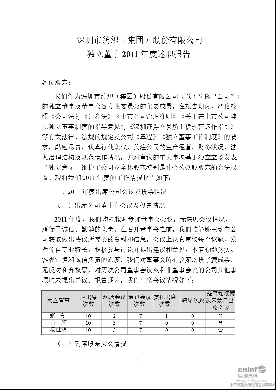 深纺织Ａ：独立董事2011年度述职报告.ppt_第1页