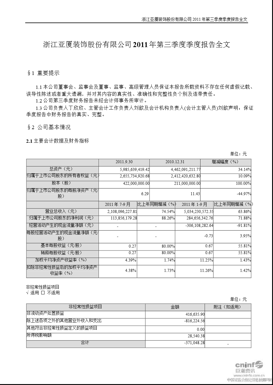 亚厦股份：2011年第三季度报告全文.ppt_第1页