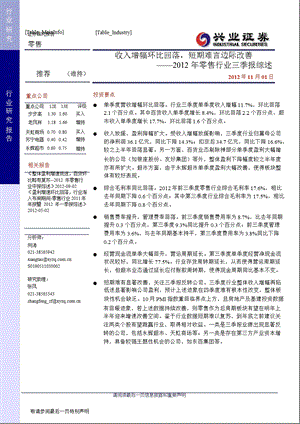 2012年零售行业三季报综述：收入增幅环比回落_短期难言边际改善-2012-11-06.ppt