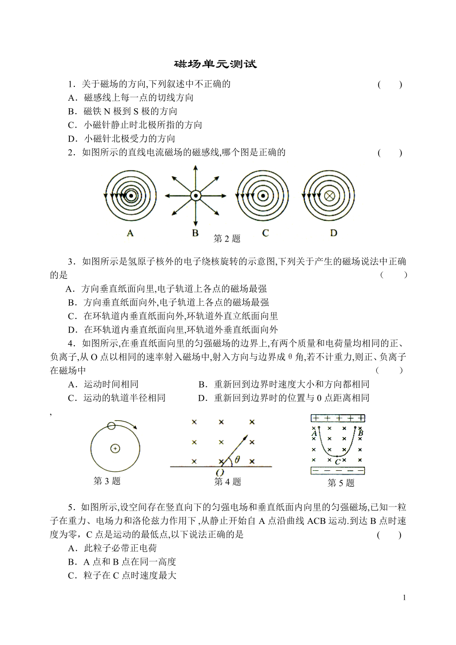 磁场单元测试-电视显像管应用了电子束磁偏转的道理.docx_第1页