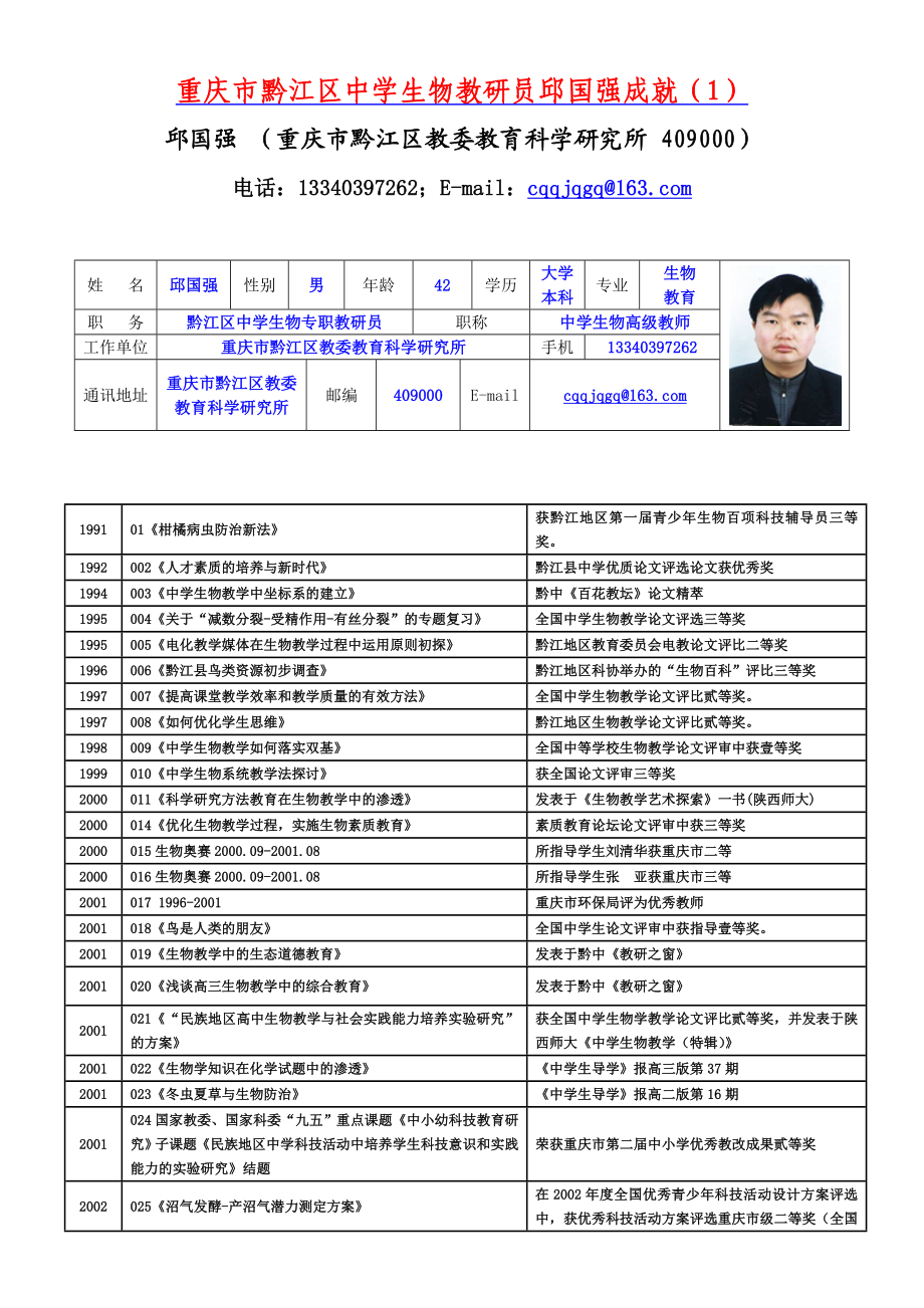 重庆市黔江区中学生物教研员邱国强成就(1).docx_第1页