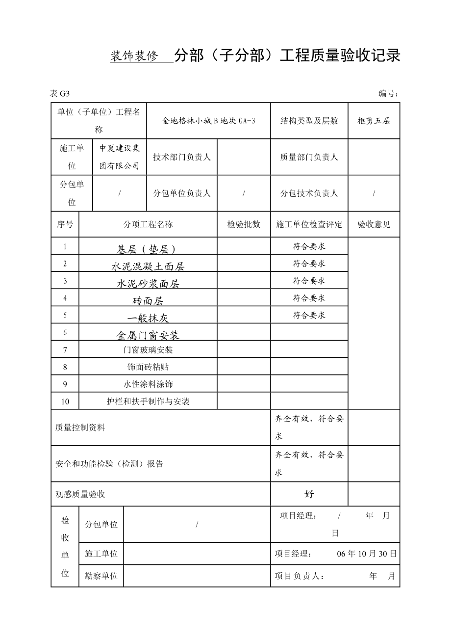 装饰装修分部(子分部)工程质量验收记录.docx_第1页