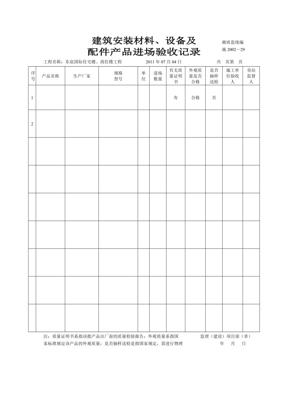 建筑安装材料、设备及配件产品进场验收记录湘质监统编.docx_第3页