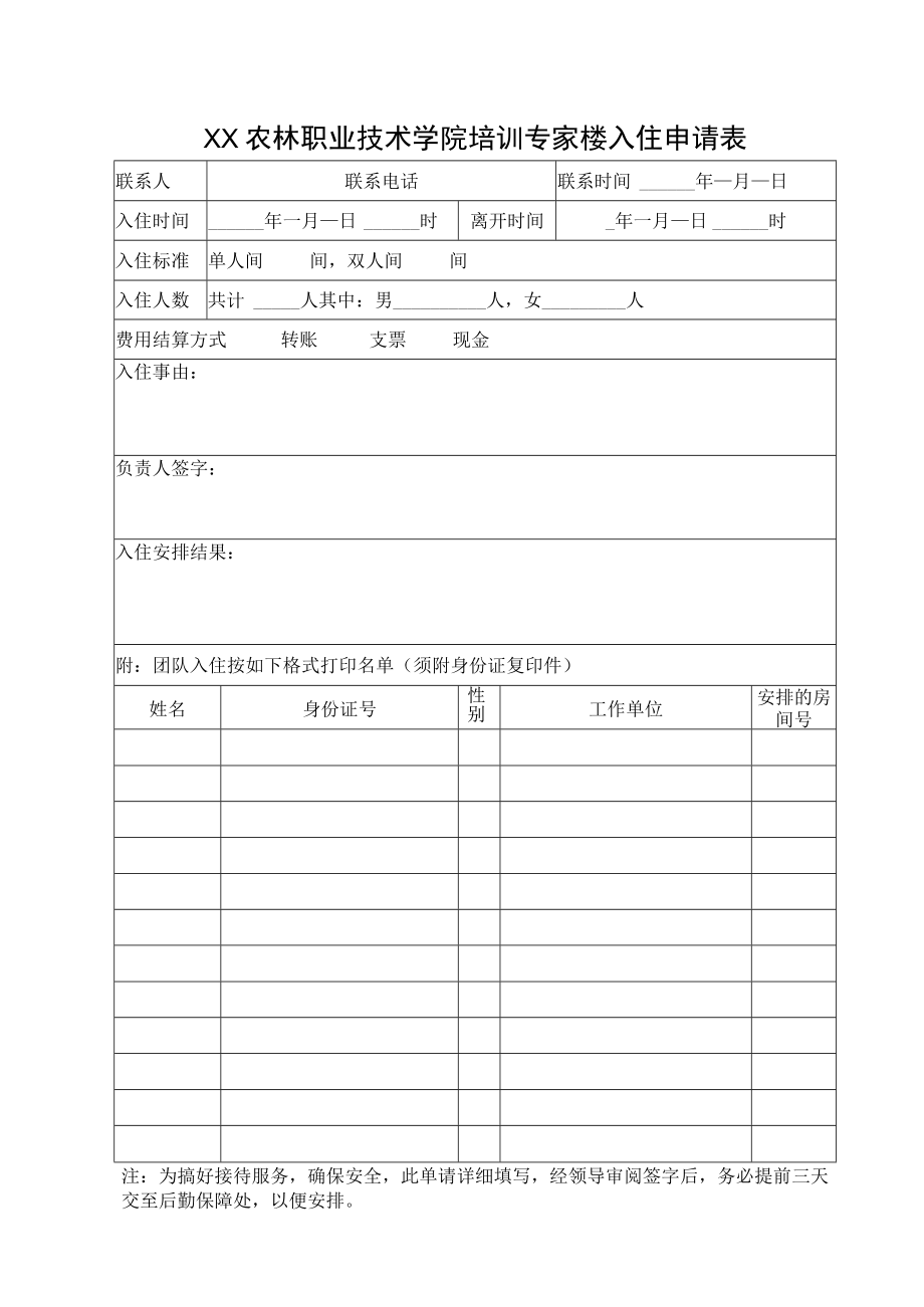 XX农林职业技术学院培训专家楼入住申请表.docx_第1页