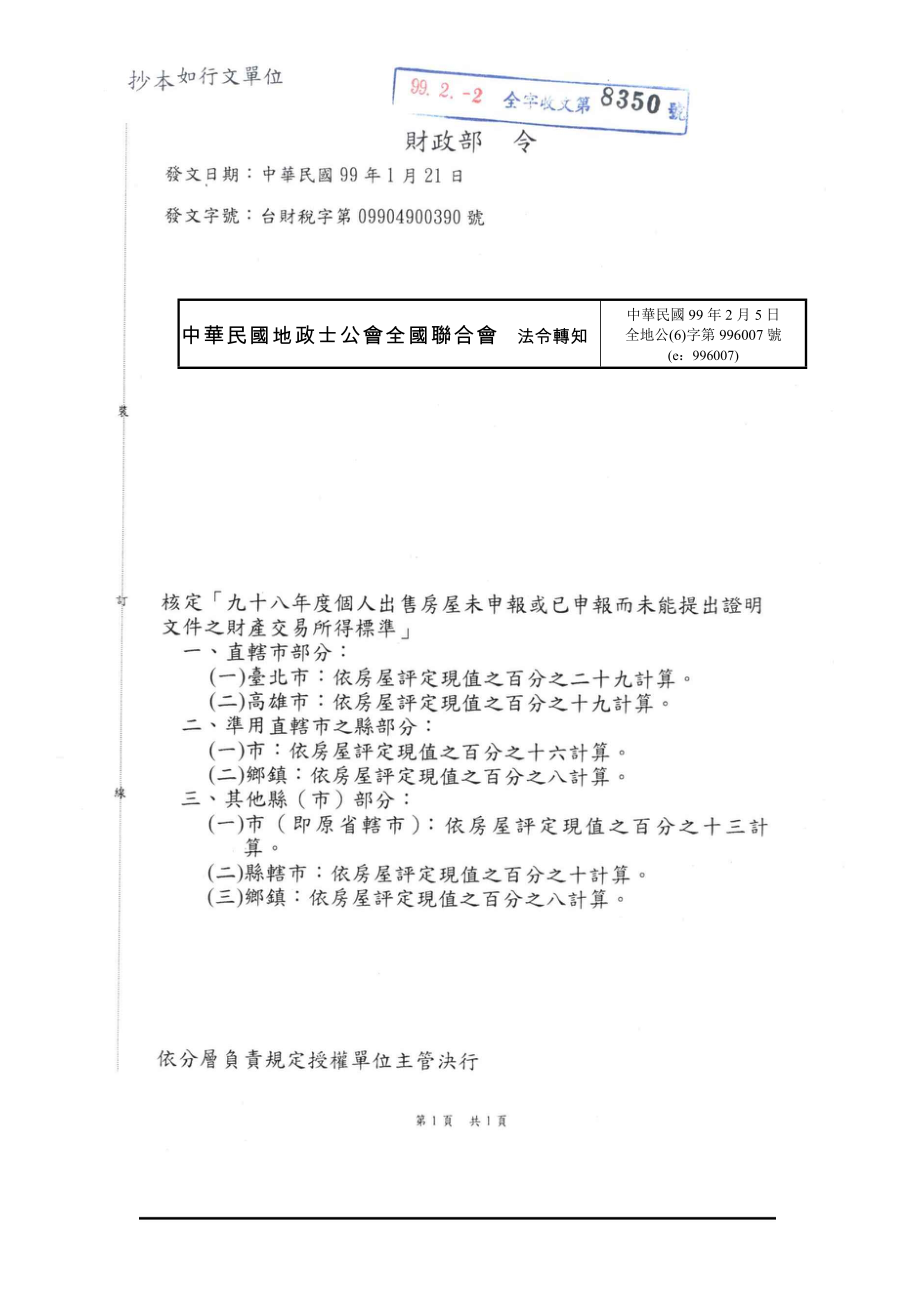 核定九十八年度个人出售房屋未申报或已申报而未能提....docx_第1页