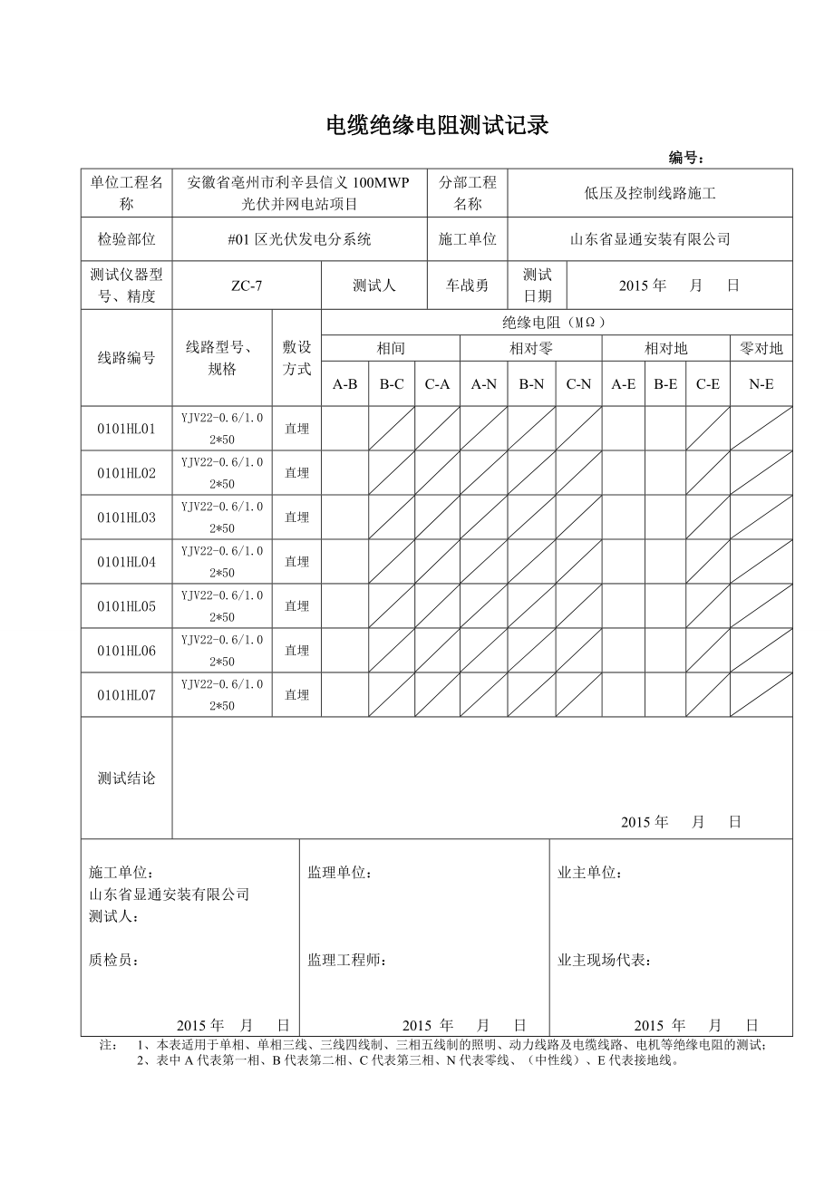 汇流箱至直流柜电缆绝缘电阻测试记录.docx_第1页