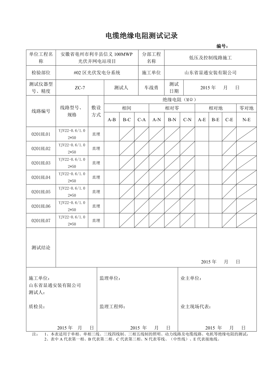 汇流箱至直流柜电缆绝缘电阻测试记录.docx_第3页