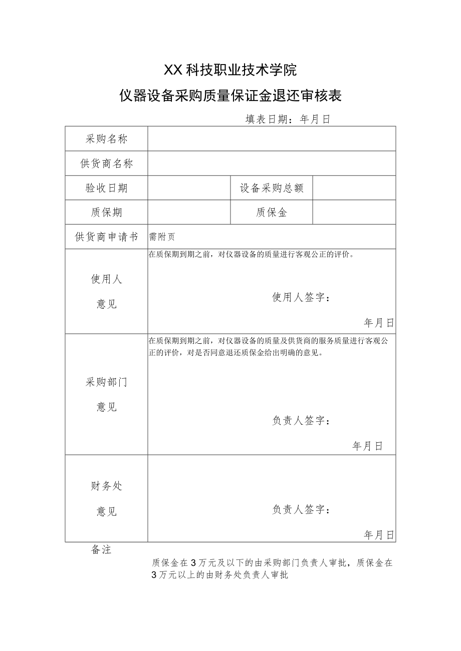 XX科技职业技术学院仪器设备采购质量保证金退还审核表.docx_第1页