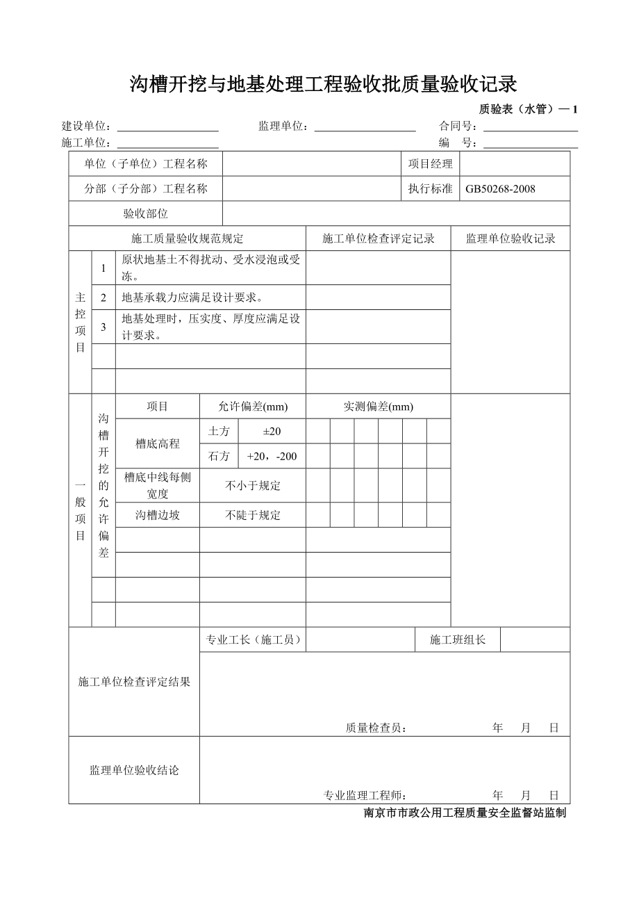 沟槽开挖与地基处理工程验收批质量验收记录.docx_第1页