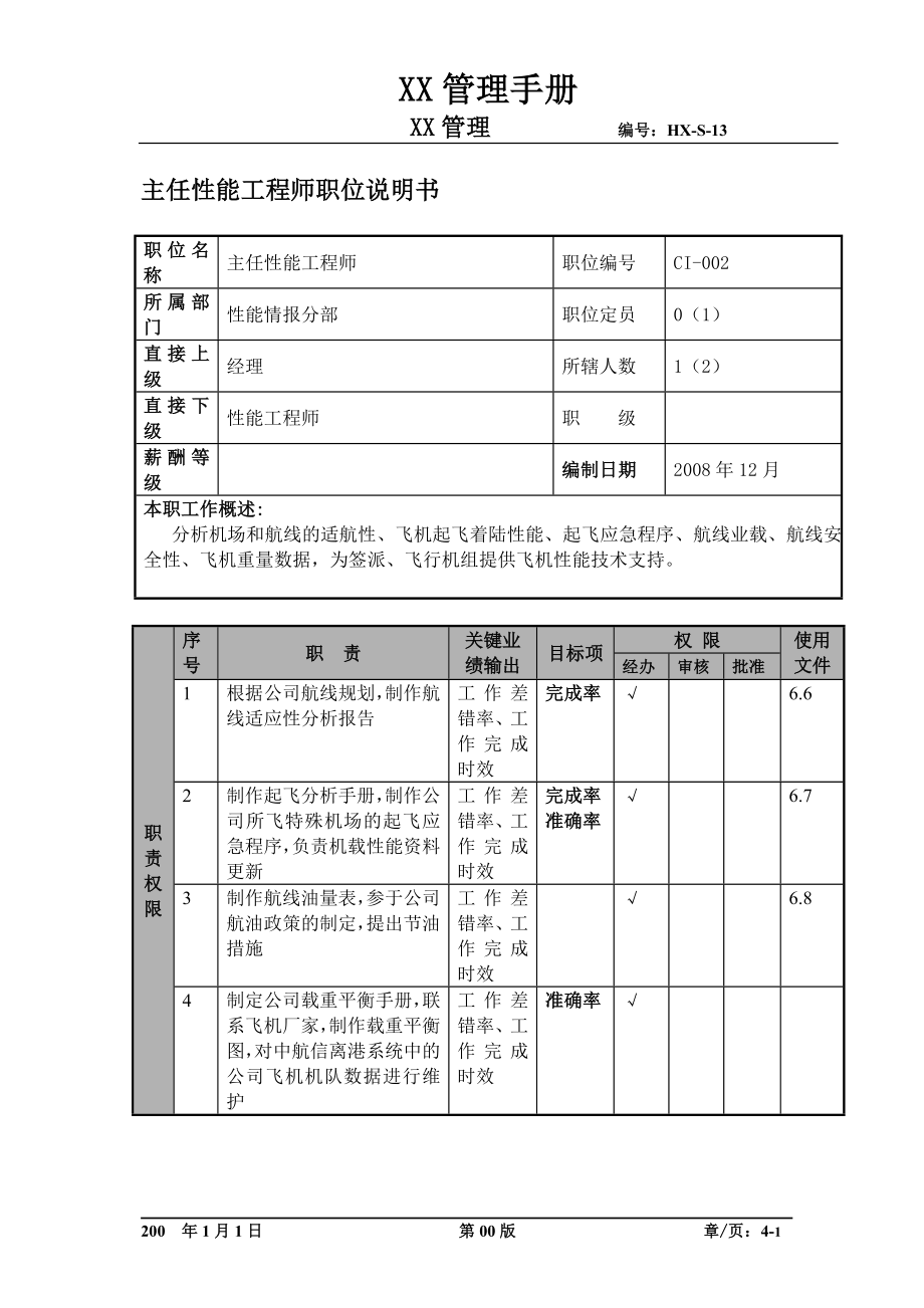 某航空物流公司主任性能工程师职位说明书及关键绩效标准.docx_第1页