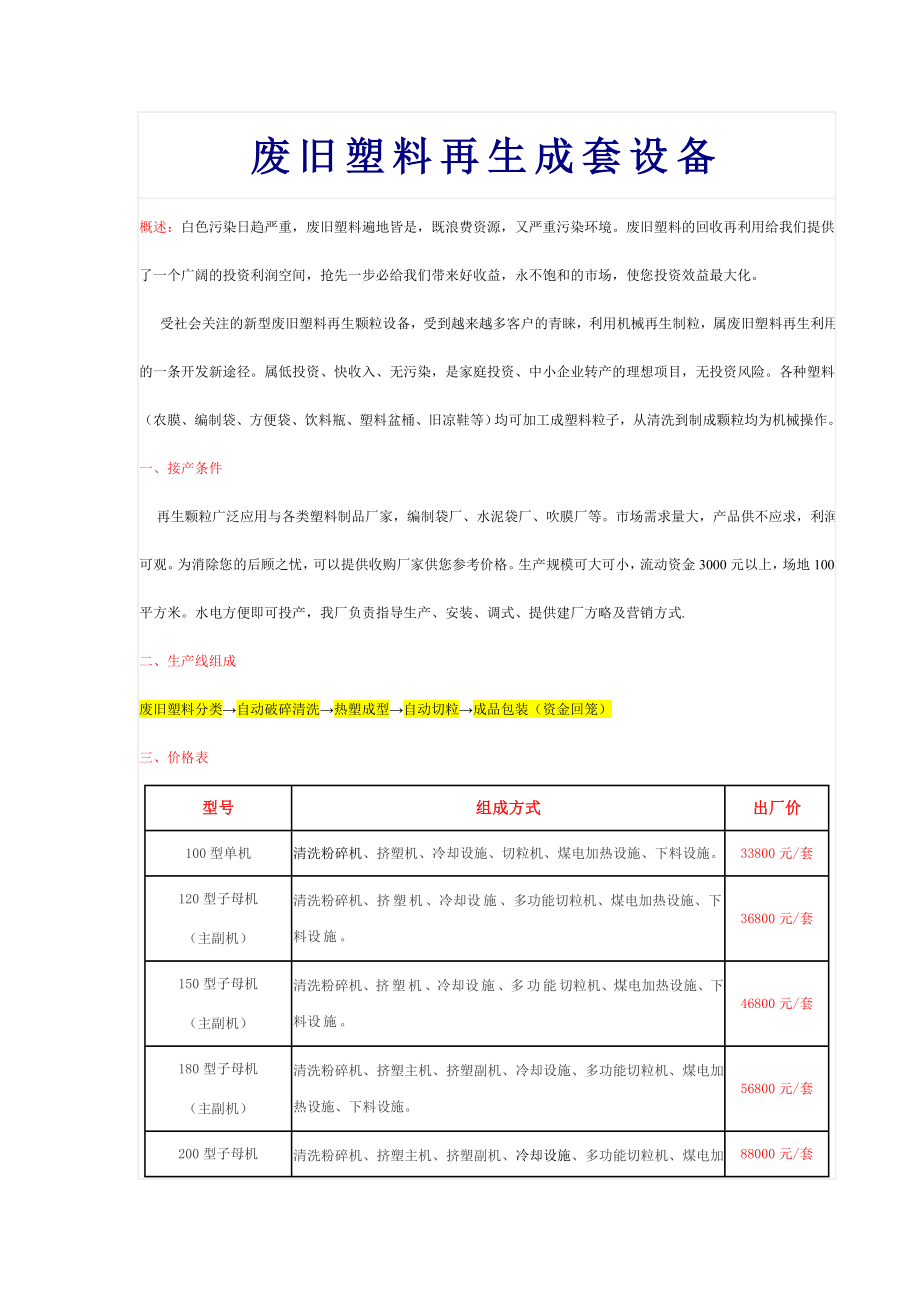 (大运)四川省资阳大运塑料机械厂废旧塑料再生成套设备(综合资料).docx_第1页