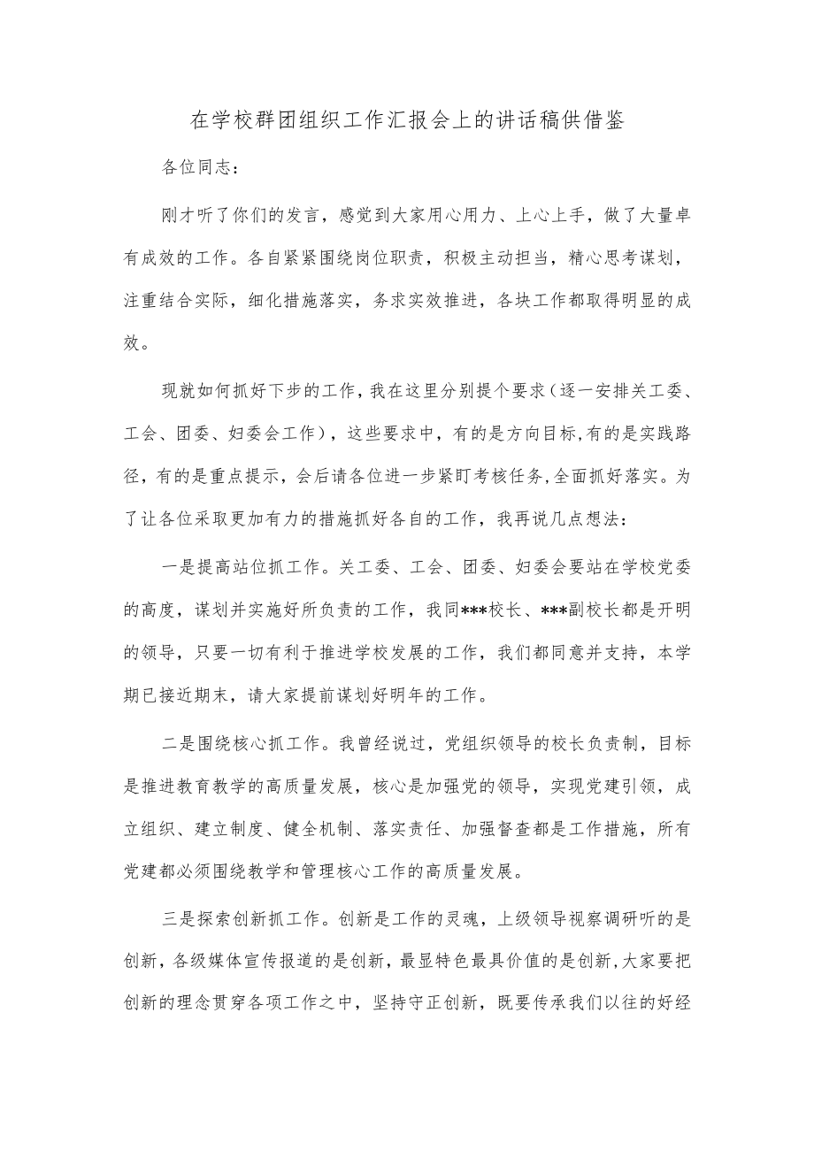 在学校群团组织工作汇报会上的讲话稿供借鉴.docx_第1页