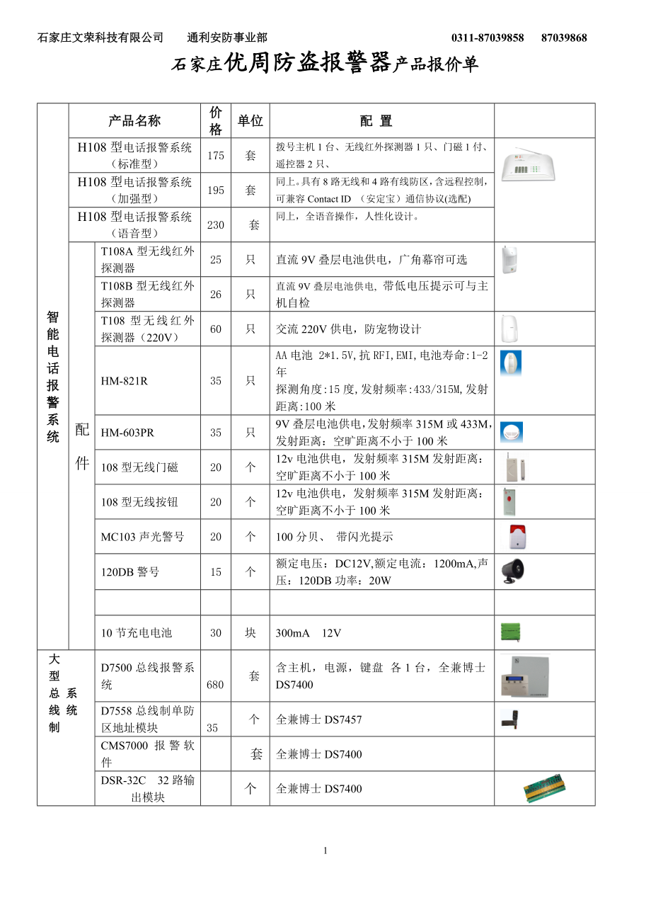 通利电子优周防盗报警器报价单XXXX310.docx_第1页