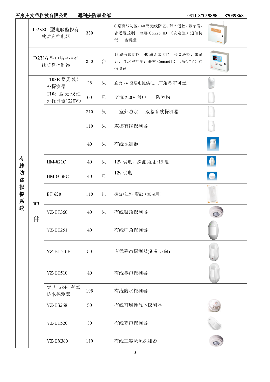 通利电子优周防盗报警器报价单XXXX310.docx_第3页