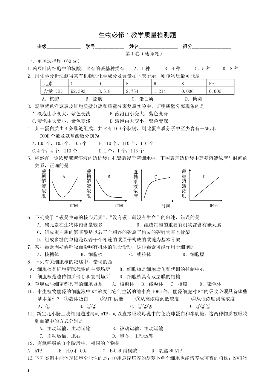 生物必修1教学质量检测题.docx_第1页