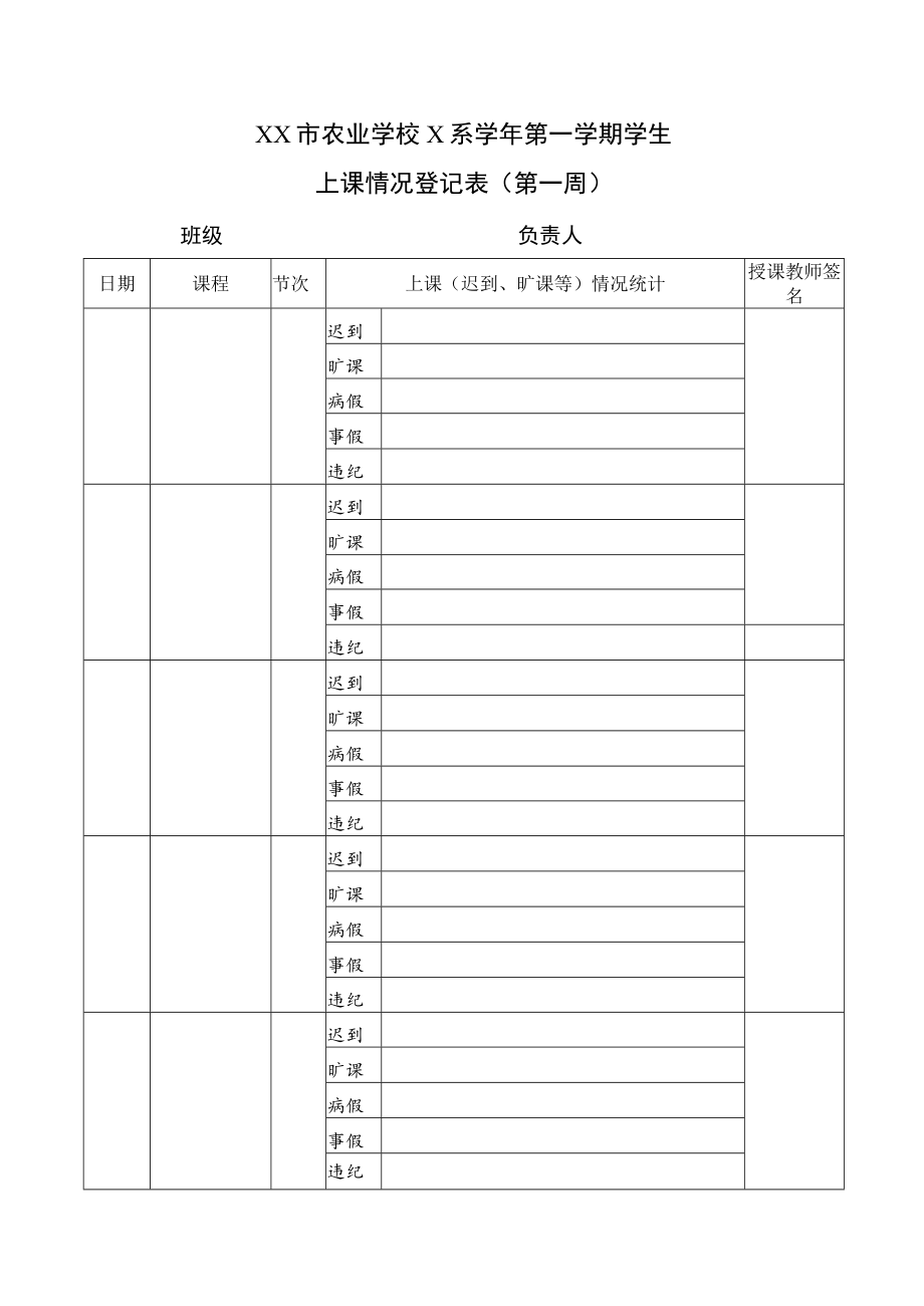 XX市农业学校X系X学年第X学期学生上课情况登记表（第X周）.docx_第1页