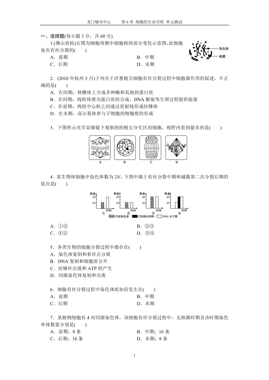 生物必修1 第6章 细胞的生命历程 单元测试.docx_第1页