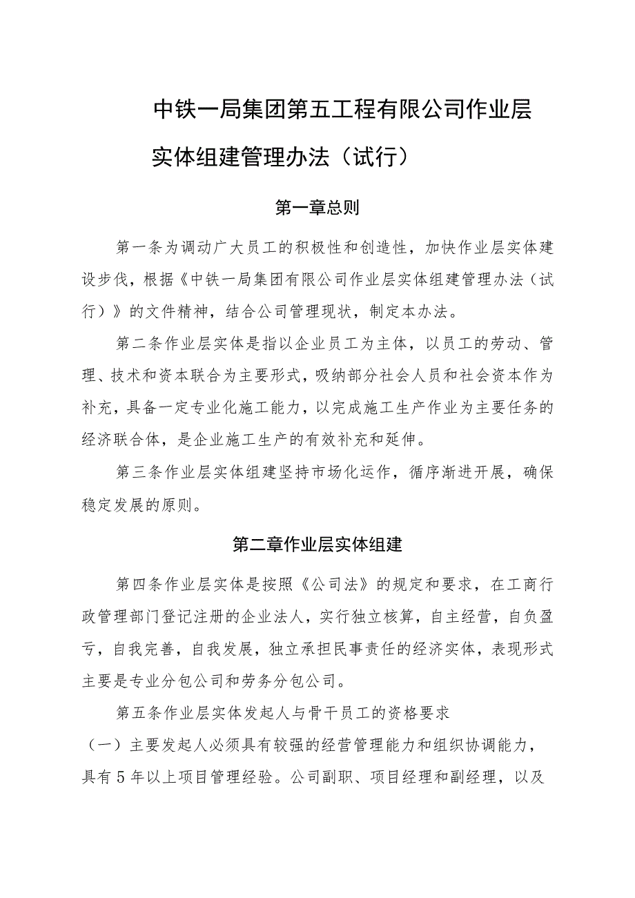 中铁一局集团第五工程有限公司作业层实体组建管理办法(试行).docx_第1页