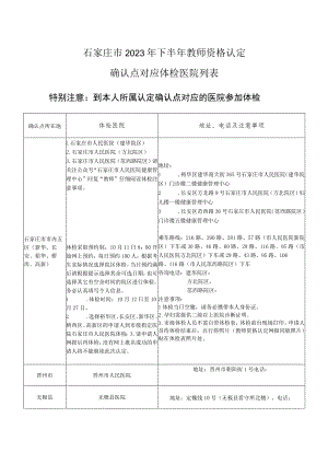 石家庄市2023年下半年教师资格认定确认点对应体检医院列表.docx