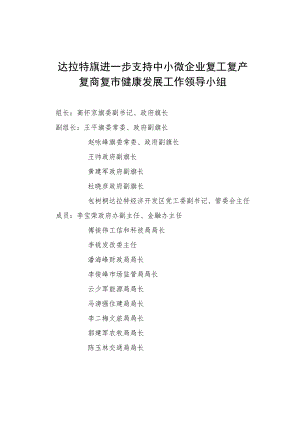 达拉特旗进一步支持中小微企业复工复产复商复市健康发展工作领导小组.docx