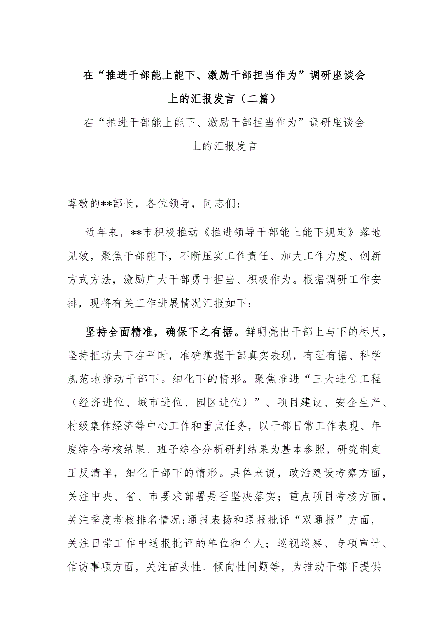 在“推进干部能上能下、激励干部担当作为”调研座谈会上的汇报发言(二篇).docx_第1页