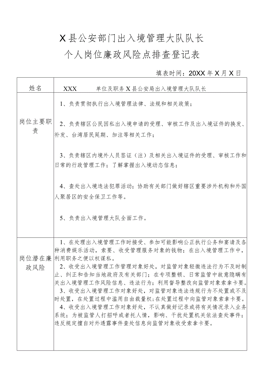 X县公安部门出入境管理大队队长个人岗位廉政风险点排查登记表.docx_第1页