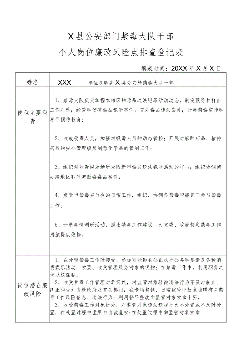 X县公安部门禁毒大队干部个人岗位廉政风险点排查登记表.docx_第1页