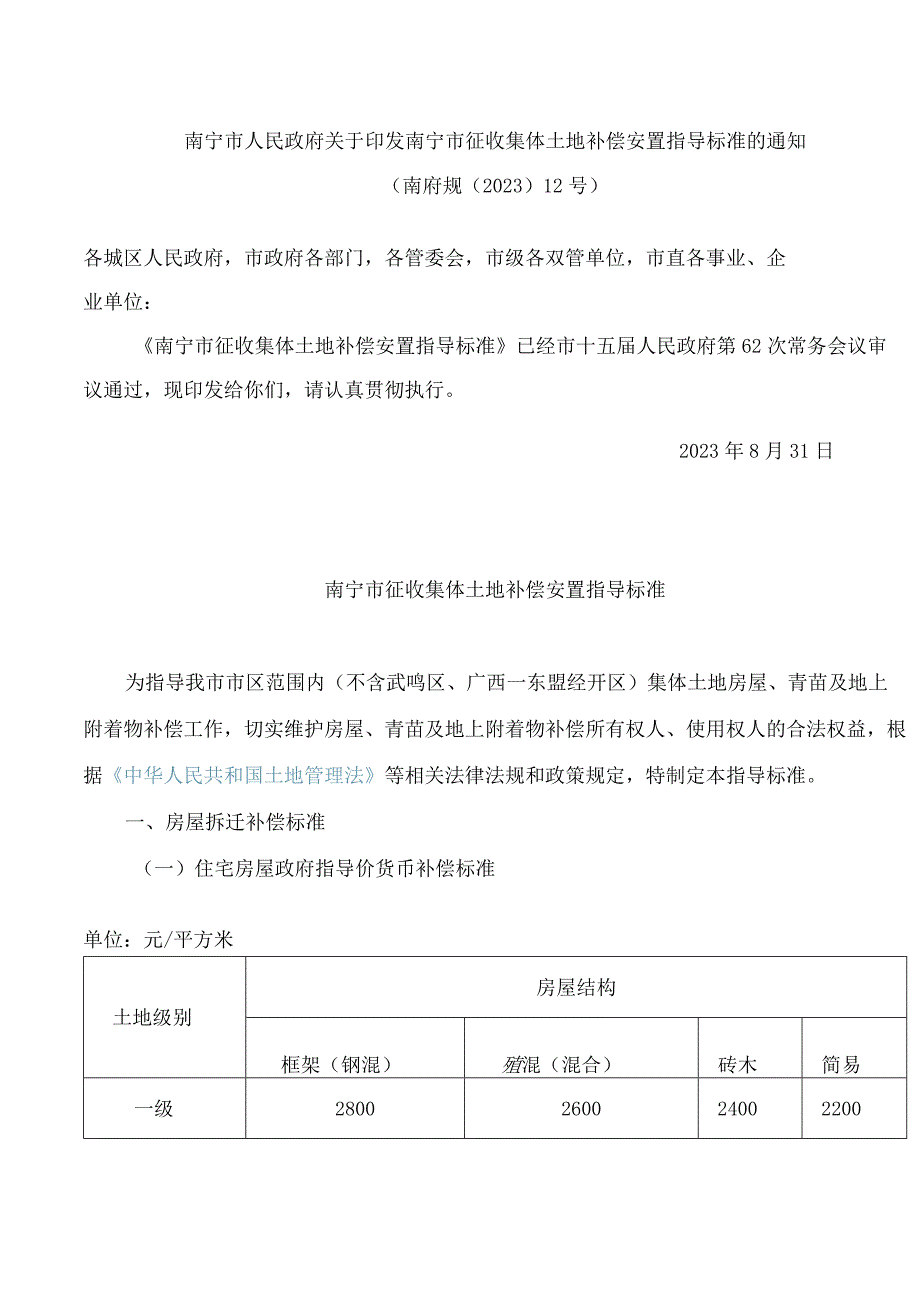 南宁市人民政府关于印发南宁市征收集体土地补偿安置指导标准的通知(2023).docx_第1页