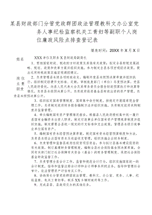 某县财政部门分管党政群团政法管理教科文办公室党务人事纪检监察机关工青妇等副职个人岗位廉政风险点排查登记表.docx