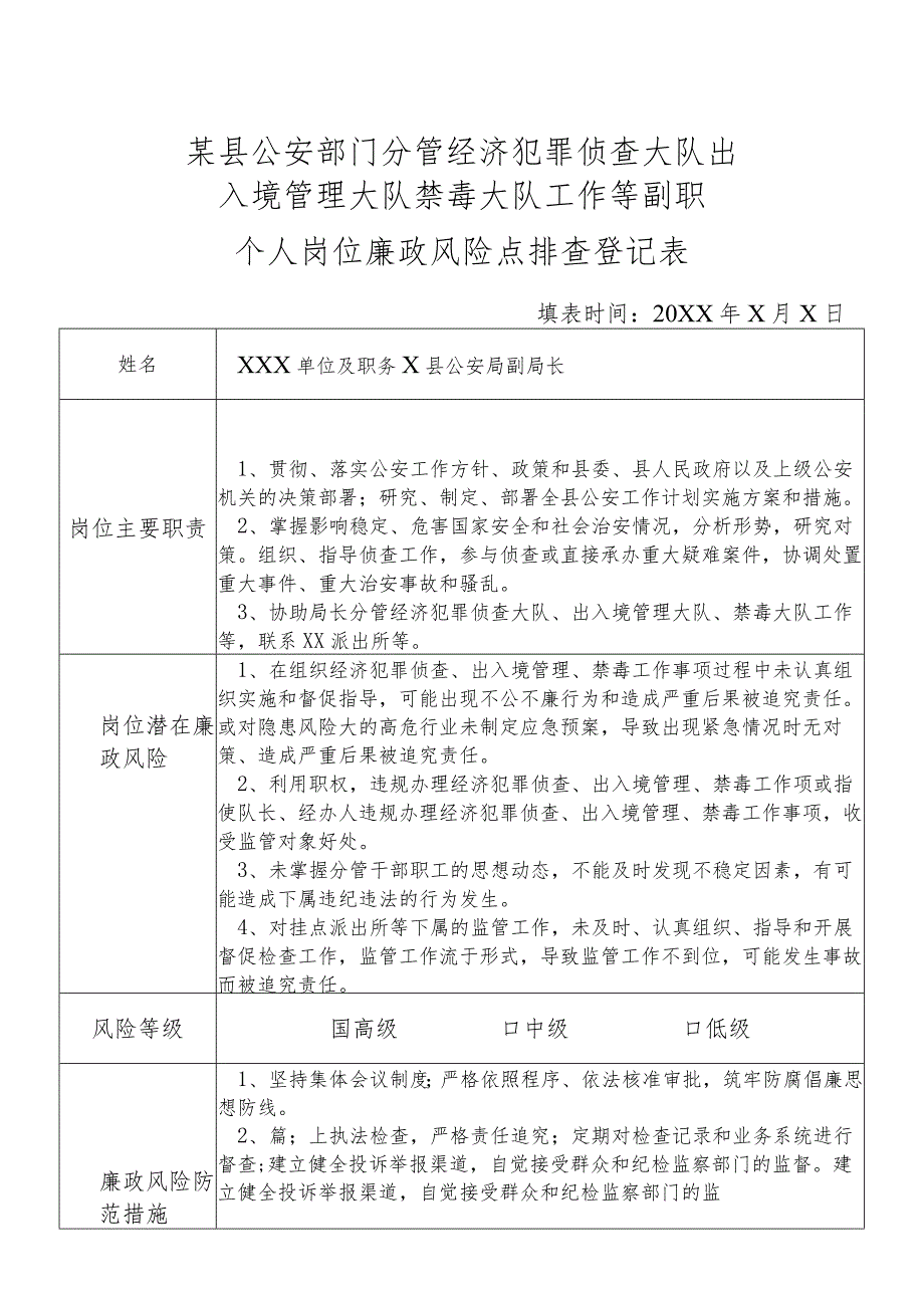 某县公安部门分管经济犯罪侦查大队出入境管理大队禁毒大队工作等副职个人岗位廉政风险点排查登记表.docx_第1页