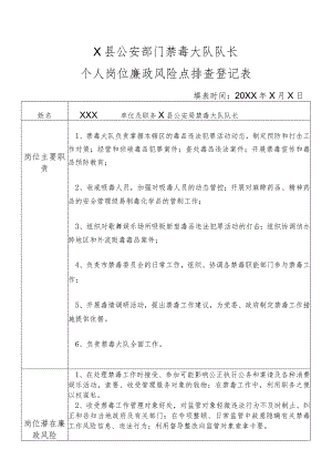 X县公安部门禁毒大队队长个人岗位廉政风险点排查登记表.docx