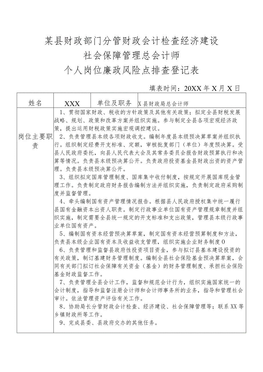 某县财政部门分管财政会计检查经济建设社会保障管理总会计师个人岗位廉政风险点排查登记表.docx_第1页