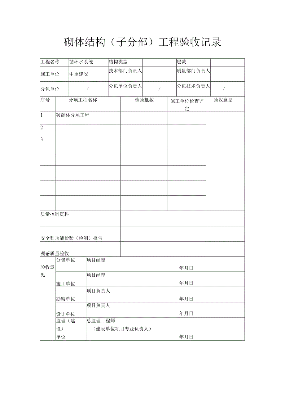 砌体结构（子分部）工程验收记录.docx_第1页