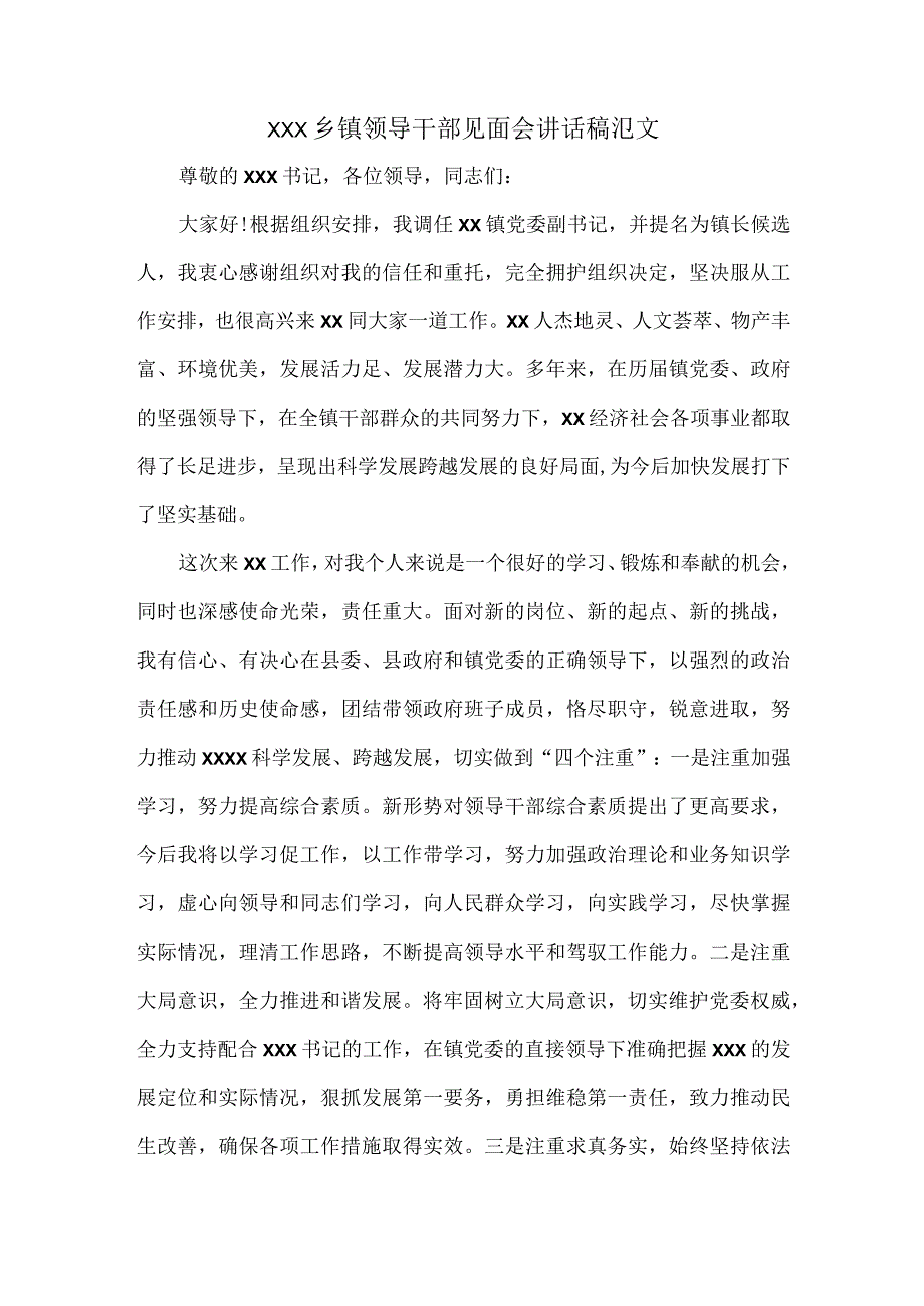 XXX乡镇领导干部见面会讲话稿范文.docx_第1页