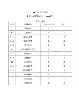 XX工程建设项目主要技术经济指标（2023年）.docx