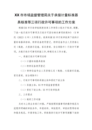 XX市市场监督管理局关于承接计量标准器具核准等三项行政许可事项的工作方案.docx