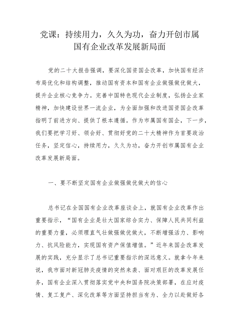 党课：持续用力久久为功奋力开创市属国有企业改革发展新局面.docx_第1页