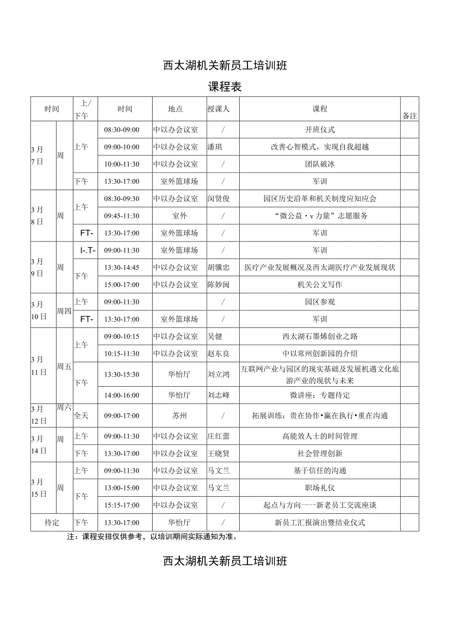 西太湖机关新员工培训班课程表.docx_第1页