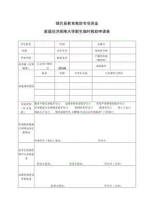 镇巴县教育救助专项资金家庭经济困难大学新生临时救助申请表.docx