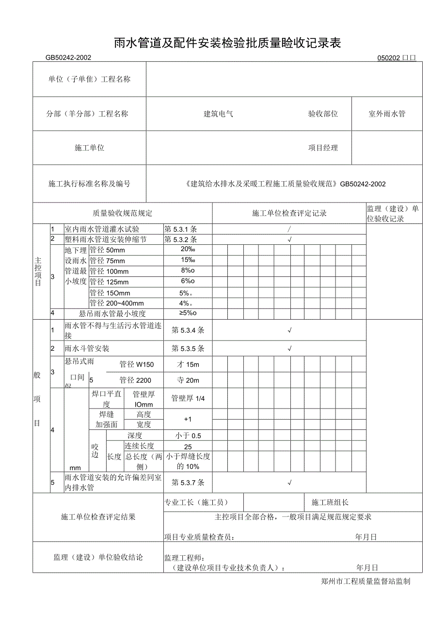 雨水管道及配件安装检验批质量验收记录表.docx_第1页