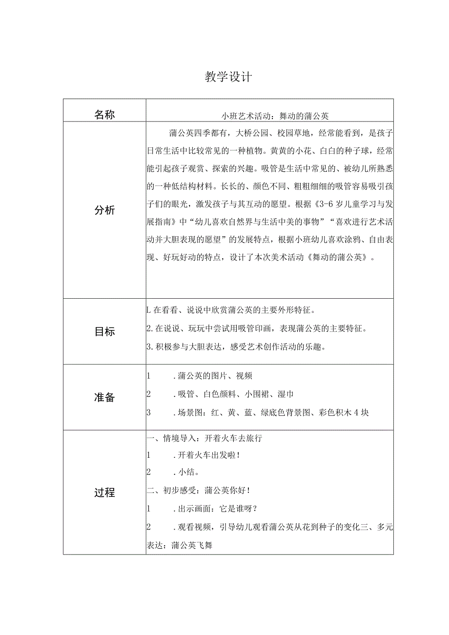 幼儿园小班美术《舞动的蒲公英》教学设计.docx_第1页