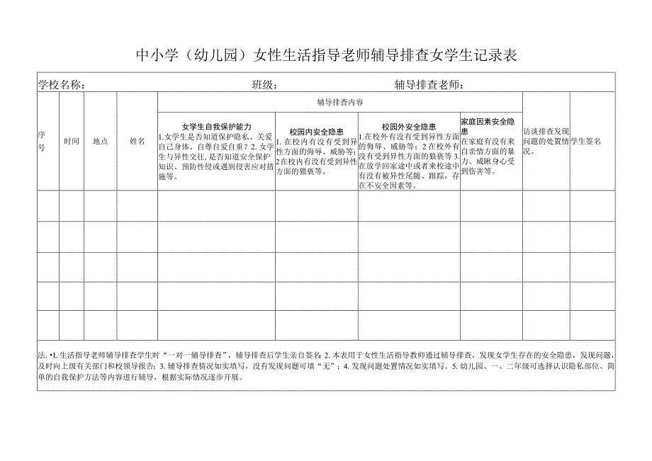 中小学（幼儿园）女性生活指导老师辅导排查女学生记录表.docx_第1页