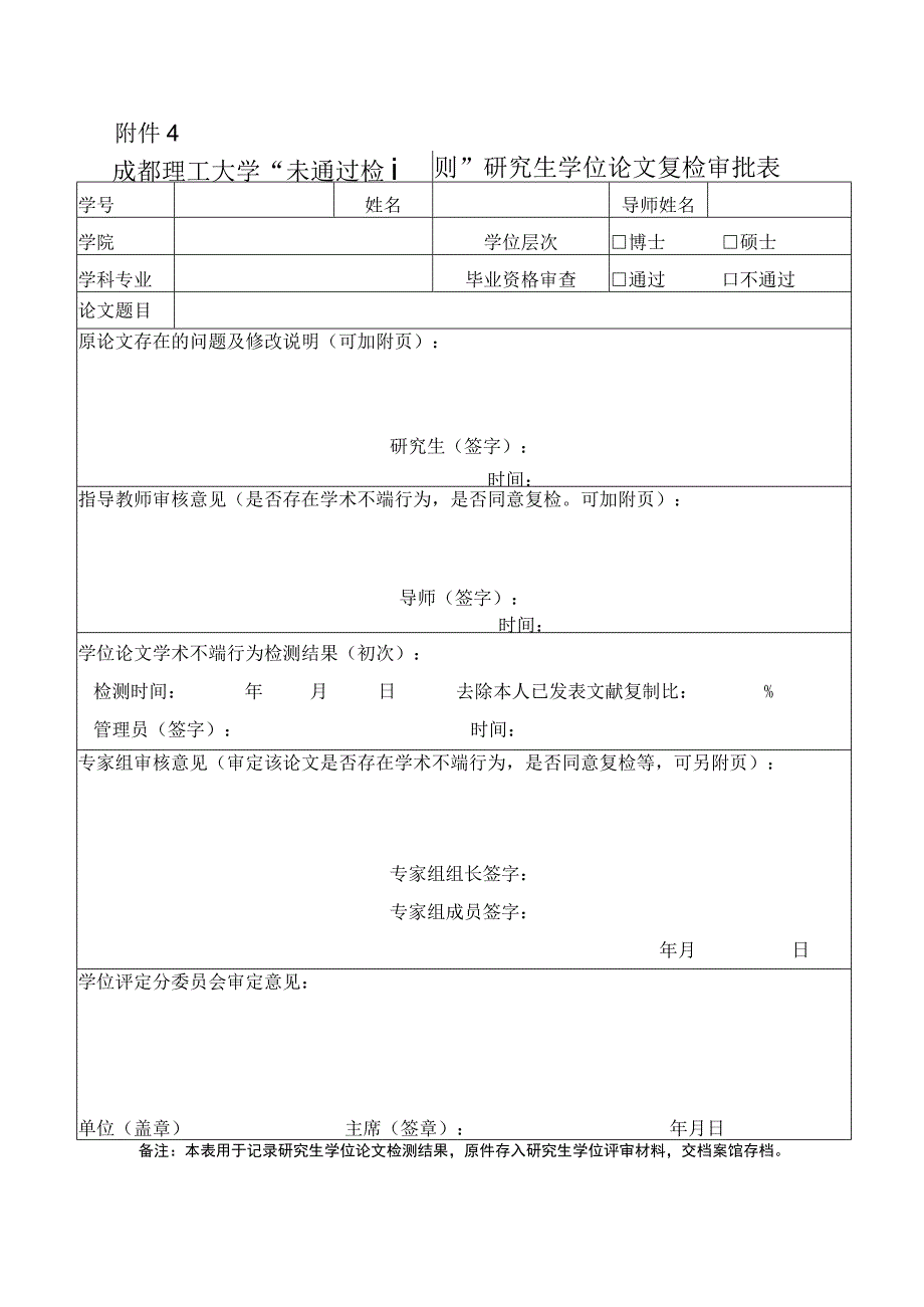 成理校研〔2021〕24号 附件4 成都理工大学“未通过检测”研究生学位论文复检审批表.docx_第1页