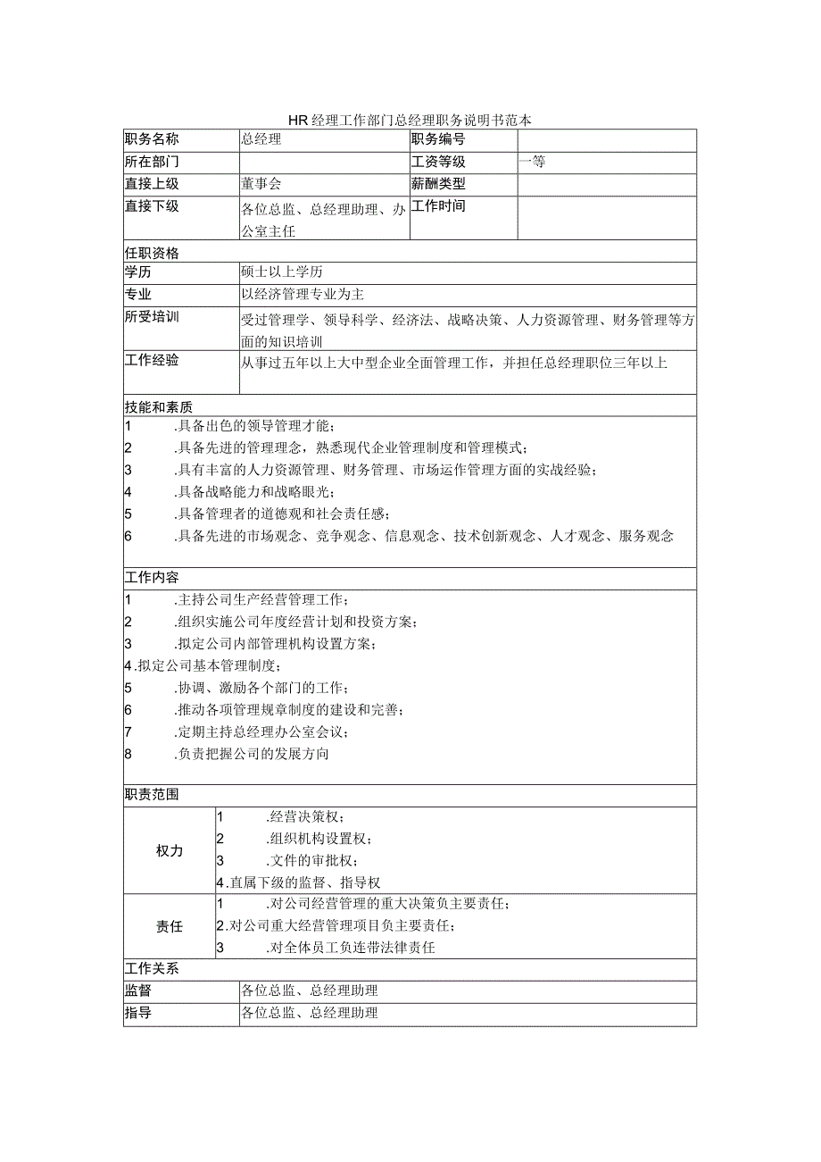 HR经理工作部门总经理职务说明书范本.docx_第1页